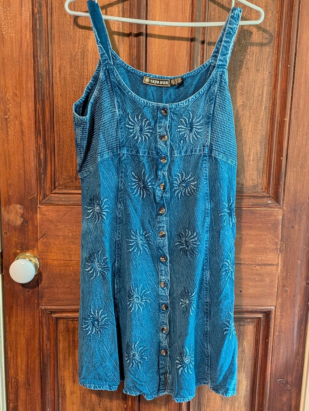 90s Y2K Raya Sun Denim Blue Embroidered Sunburst Mini Dress L Boho